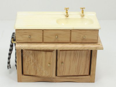 (image for) Miniature As-Is Oak Cupboard with Yellow Sink and Brass Hardware