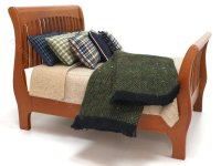 (image for) Miniature Modern Mahogany Bed Dressed in Tan Linen and Green