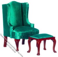 (image for) Miniature Green Queen Anne Wing Chair & Ottoman for Dollhouses