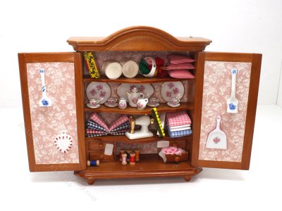 (image for) Miniature Porcelain Filled Walnut Sewing Cabinet