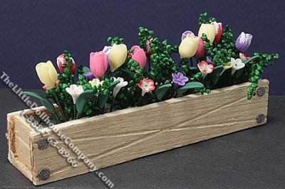 (image for) Miniature Spring Flowers in Wooden Window Box for Dollhouses