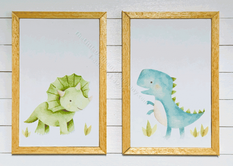 (image for) Miniature Pair Rectangular Framed Dinosaur Prints on Wood