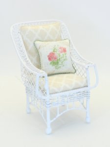 (image for) Miniature White Metal Chair with Beige Cushions for Dollhouses