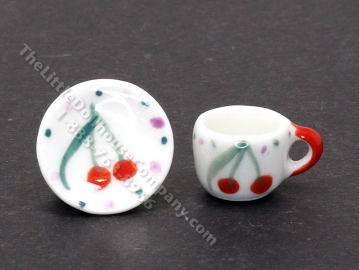 (image for) Miniature Cherry Themed Teacup and Saucer for Dollhouses