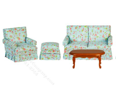 (image for) Dollhouse Miniature Blue Floral Living Room Set (4pc)