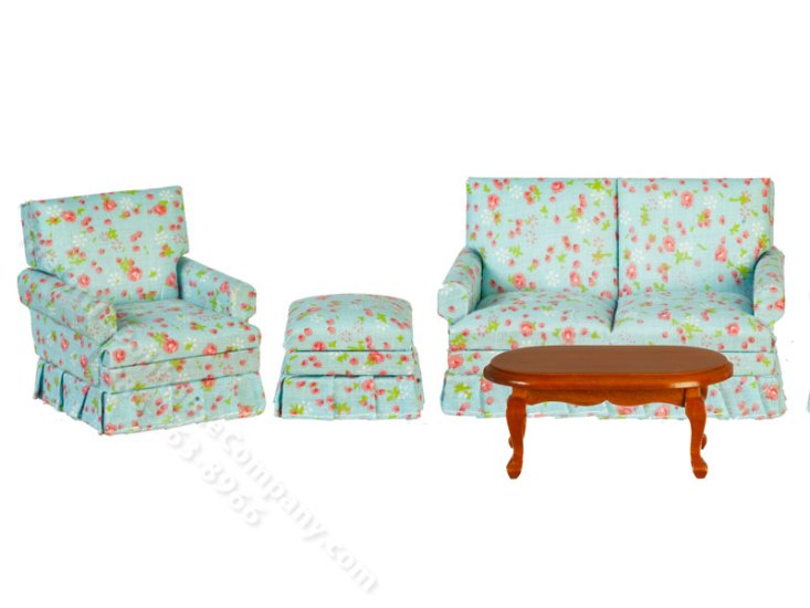 (image for) Dollhouse Miniature Blue Floral Living Room Set (4pc)