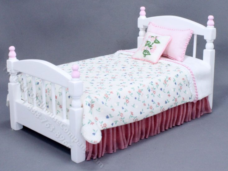 (image for) Miniature White Bed Dressed in Pink and Cream Floral Print
