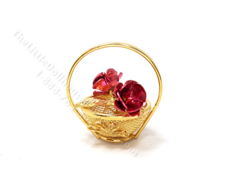 (image for) Miniature Gold Metal Basket with Red Roses for Dollhouses