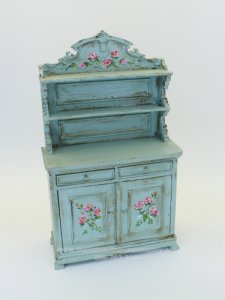 (image for) Miniature Blue Hutch with Hand Painted Roses for Dollhouses