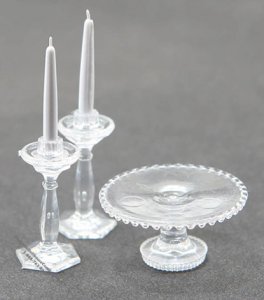 (image for) Miniature Clear Cake Plate with 2 Candlesticks For Dollhouses
