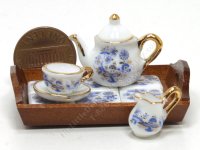 (image for) Miniature Porcelain Blue Onion Design Tea Set with Wooden Tray