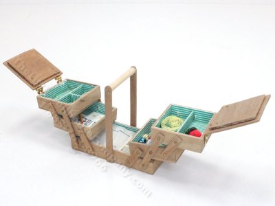 (image for) Miniature Handmade Accordion Cantilever Sewing Box + Accessories