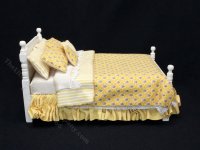 (image for) Miniature Dressed Yellow Double Bed for Dollhouses