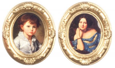 (image for) Miniature Gold Oval Frames with Paintings Dollhouses 2pk