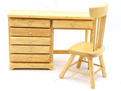 (image for) Miniature Oak Desk with Chair Set for Dollhouses