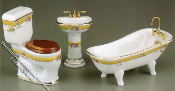 (image for) Miniature French Rose Bath with Low Toilet for Dollhouses