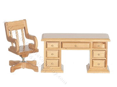 (image for) Miniature Oak Desk and Chair for Dollhouses