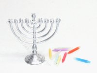 (image for) Miniature Small Silver Hanukkah Hanukkiah with Candles