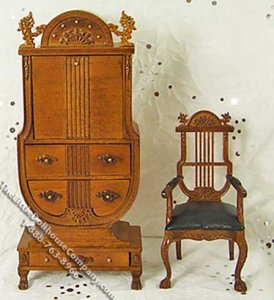 (image for) Miniature Walnut Secretary Desk and Chair Set for Dollhouses