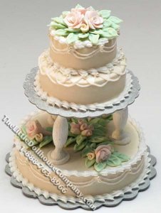 (image for) Dollhouse Scale Model 3 Tier Ecru Wedding Cake w/Pink Roses