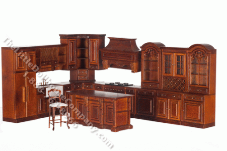 (image for) Miniature Walnut 8 Piece Kitchen Set for Dollhouses