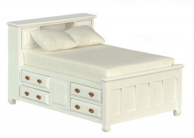 (image for) Miniature White Captains Double Bed for Dollhouses