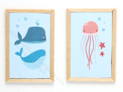 (image for) Miniature Pair Framed Whales and Jellyfish Prints