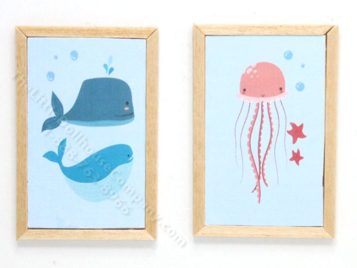 (image for) Miniature Pair Framed Whales and Jellyfish Prints