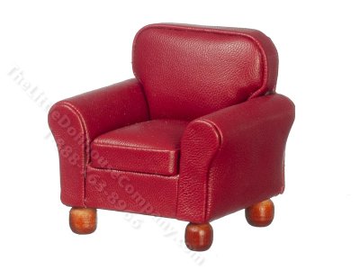 (image for) Miniature Red Leather Armchair w/Walnut Legs for Dollhouses