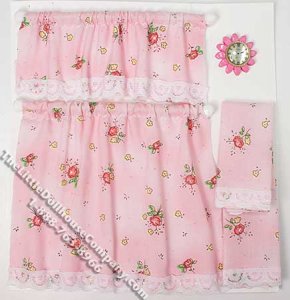 (image for) Miniature Pink Flower Kitchen Curtain Set for Dollhouses