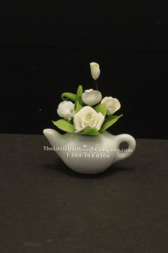 (image for) Dollhouse Miniature White Flowers in Teapot