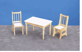 (image for) Dollhouse Miniature White and Oak Table and two Chairs