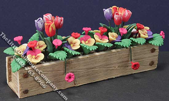 (image for) Miniature Tulips/Pansies in Wooden Window Box for Dollhouses