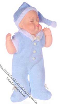 (image for) Miniature Sleeping Baby Doll in Blue Sleeper for Dollhouses