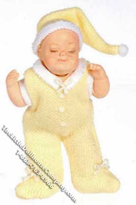 (image for) Miniature Sleeping Baby Doll in Yellow Sleeper for Dollhouses