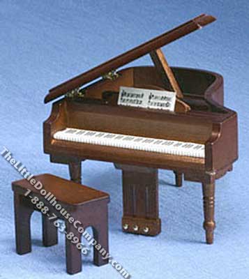 (image for) Miniature Walnut Grand Piano w/Bench for Dollhouses
