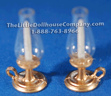 (image for) Dollhouse Miniature Pair of Brass Hurricane Lamps