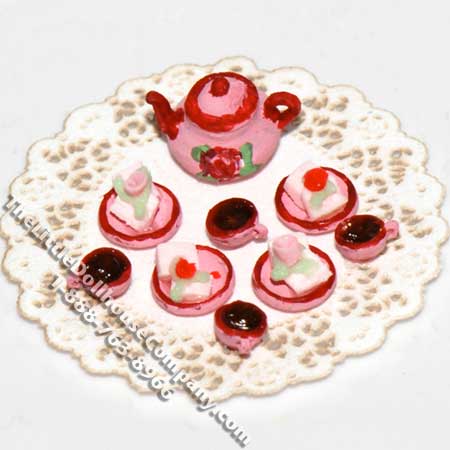 (image for) Dollhouse Scale Model Quarter Scale Pink/Red Tea Set