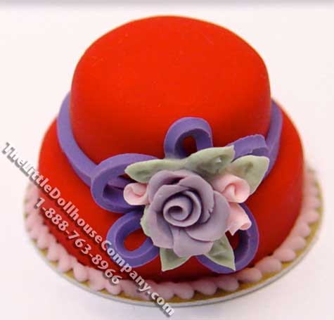 (image for) Dollhouse Scale Model Red Hat Cake with Flowers & Ribbon