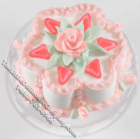 (image for) Dollhouse Scale Model Flower Cake w/Strawberries on Plate