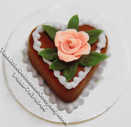 (image for) Dollhouse Scale Model Chocolate Heart Cake w/Pink Rose