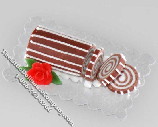 (image for) Dollhouse Scale Model Chocolate Log Roll Cake w/Red Rose