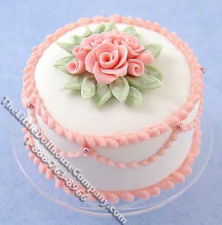 (image for) Dollhouse Scale Model White Cake w/Rose Decorations on Stand