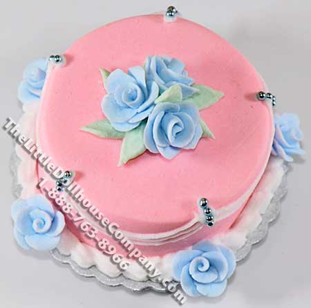 (image for) Dollhouse Scale Model Pink Draped Lace Cake w/Blue Roses