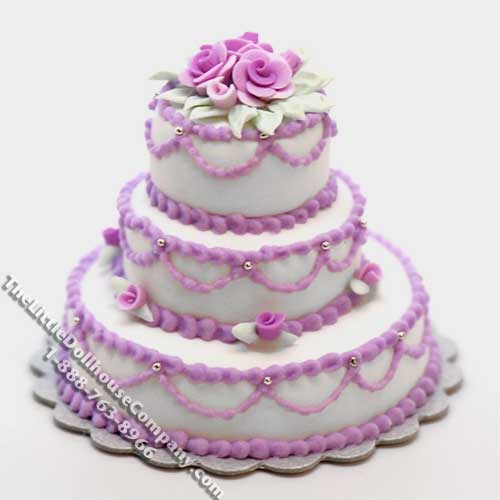 (image for) Dollhouse Scale Model Triple Layer Cake w/Lavender Roses