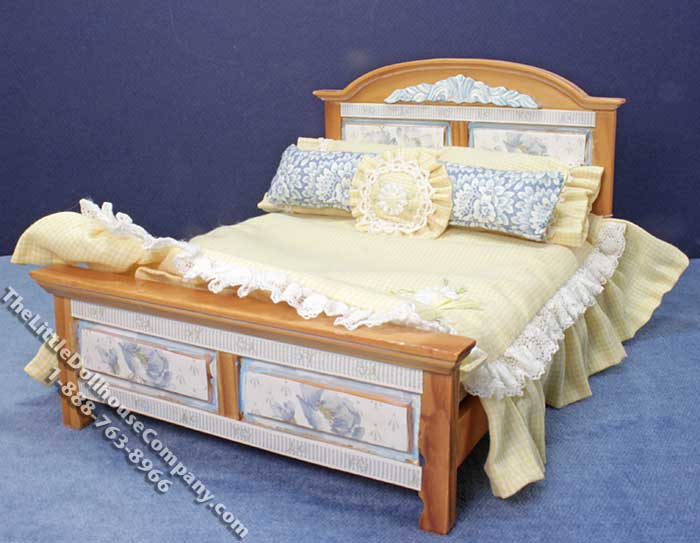 (image for) Miniature Oak Bed with Yellow Gingham Bedding for Dollhouses