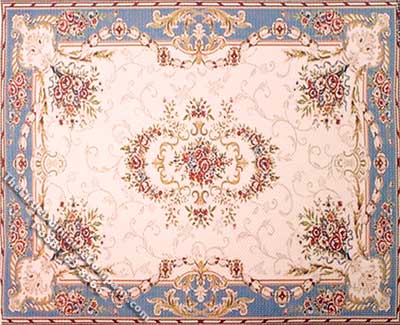 (image for) Dollhouse Scale Model Rectangular Pinkish White & Blue Rug