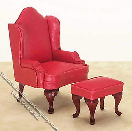(image for) Miniature Padded Red Wing Chair w/Ottoman for Dollhouses