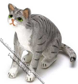 (image for) Dollhouse Scale Model Gray Striped Cat Sitting