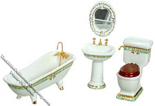 (image for) Miniature White w/Green Trim Porcelain Bath Set for Dollhouses